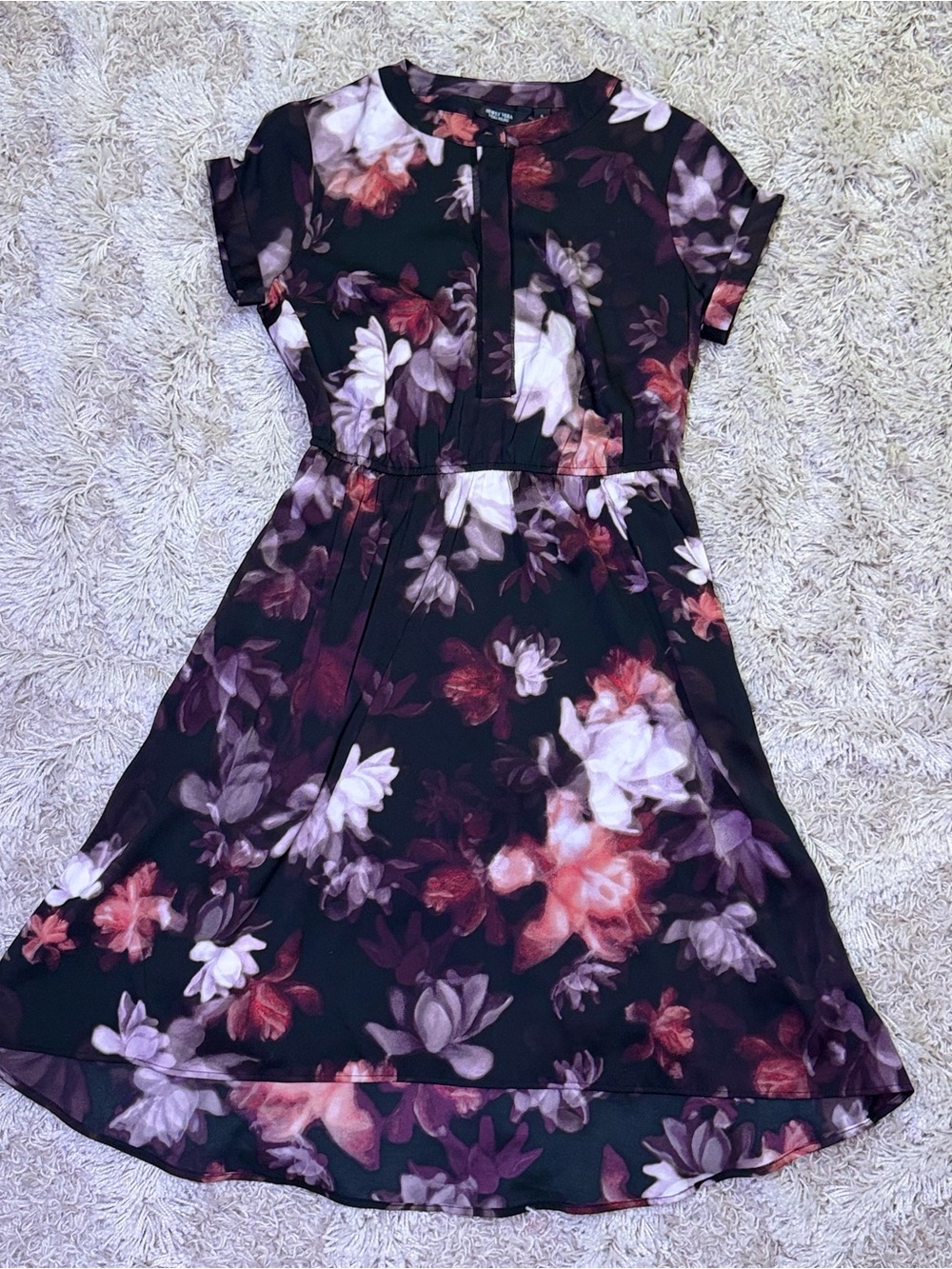 Simply Vera Vera Wang Floral High Low Midi Dress Small Short Sleeve Black